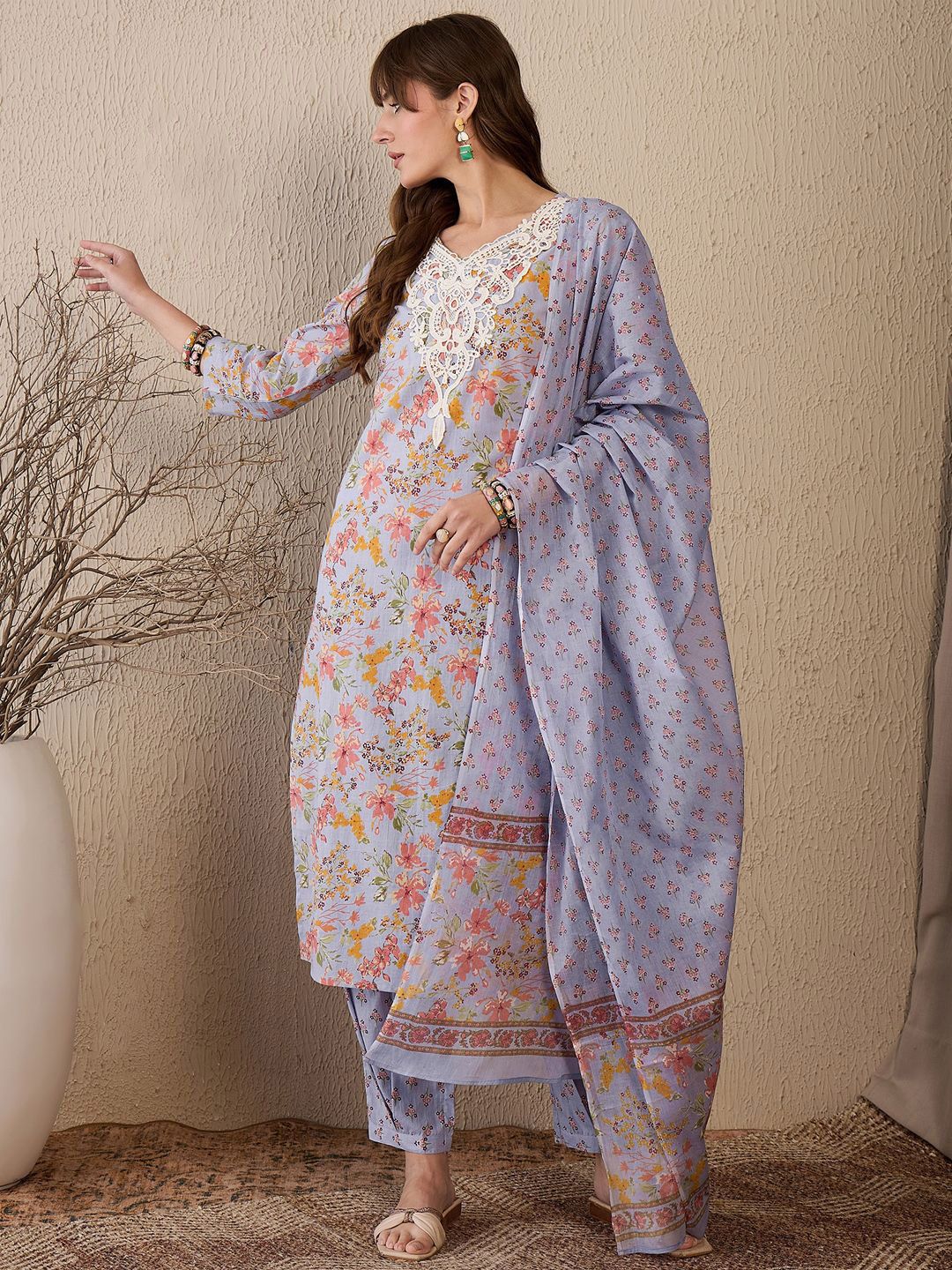 Dhiyona IE Women Floral Printed Regular Thread Work Pure Cotton Kurta with Salwar & With Dupatta