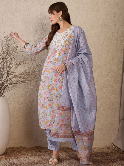 Dhiyona IE Women Floral Printed Regular Thread Work Pure Cotton Kurta with Salwar & With Dupatta