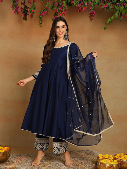 Dhiyona KL Floral Embroidered Anarkali Kurta with Palazzo & Dupatta