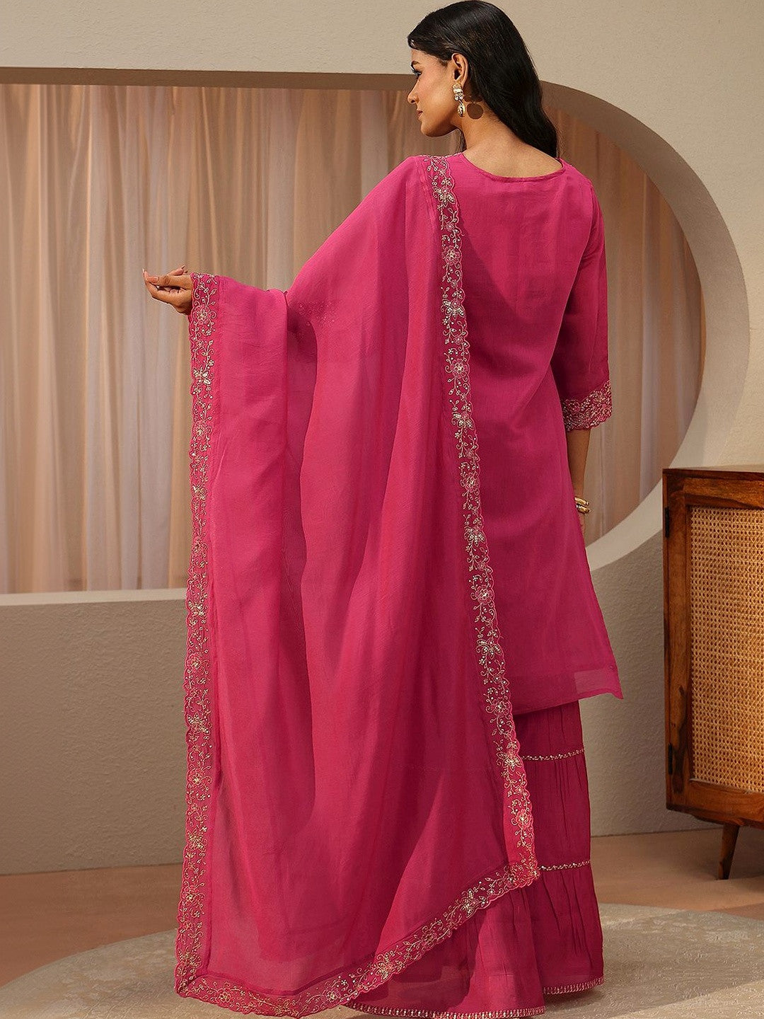 Fuchsia Pink Embroidered Chanderi Cotton Sharara Suit Set
