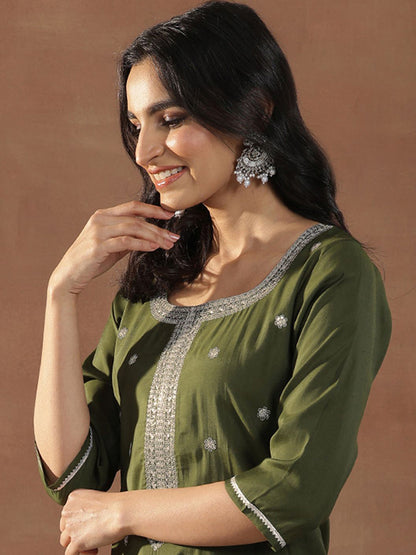 Olive Green Floral Embroidered Sequinned Straight Kurta With Trousers & Dupatta