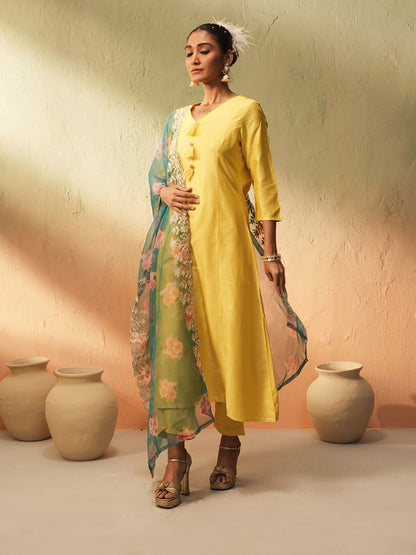 Dhiyona IS Women's Women V-Neck A-Line Kurta with Trousers & Dupatta