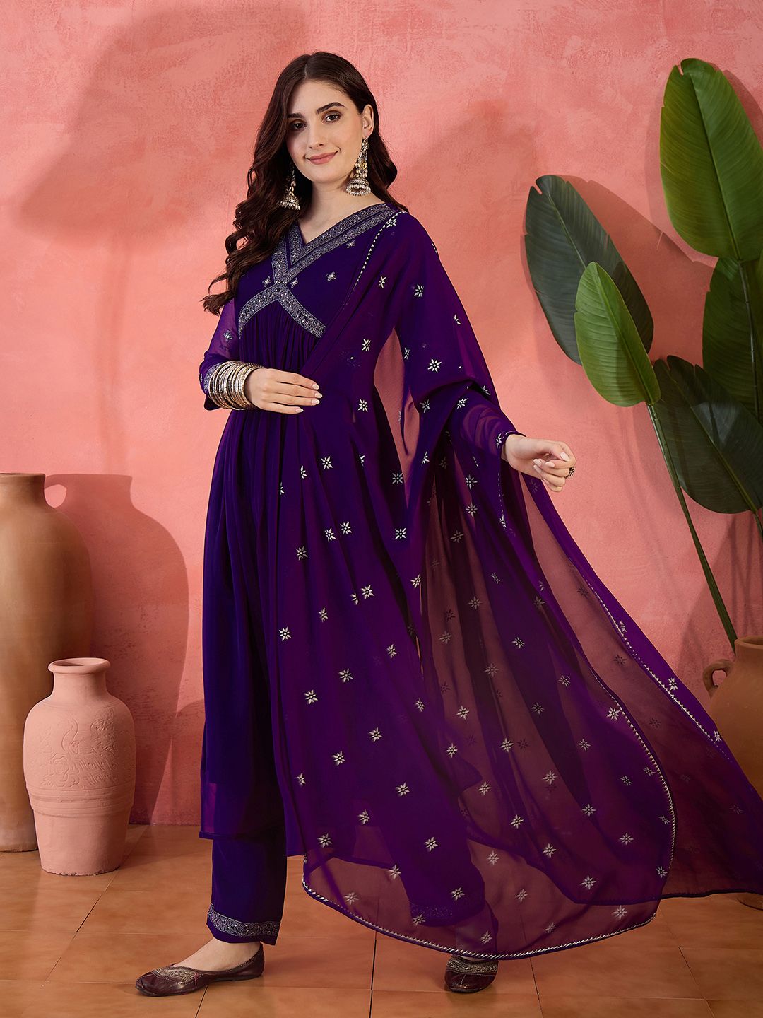 Dhiyona SN Women's Solid Floral Embroidered A-Line Pleated Empire Kurta & Trousers With Dupatta