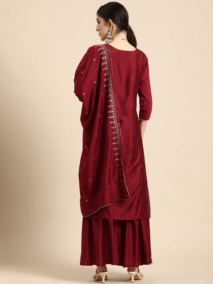 Dhiyona AN Women Maroon Embroidered Kurta with Sharara & With Dupatta