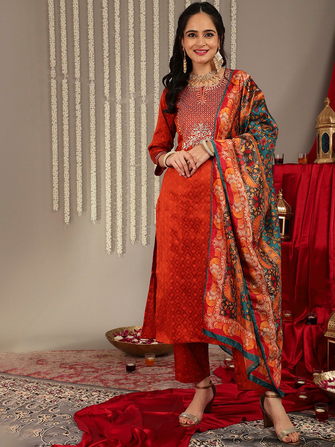 Rust Women Rust Yoke Design Kurta with Trousers & With Dupatta