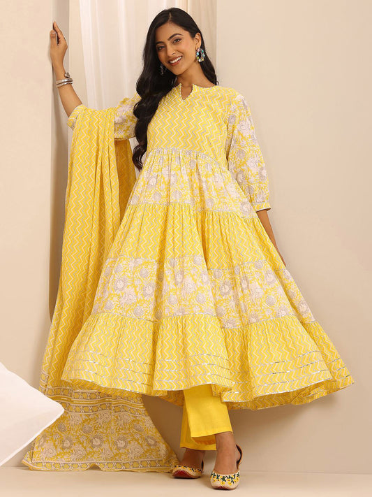 Womens Yellow Printed Cotton Anarkali Kurta With Trousers & Dupatta