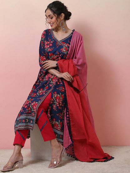 Blue Printed Angrakha V-Neck Pure Cotton Anarkali Kurta With Trousers & Dupatta