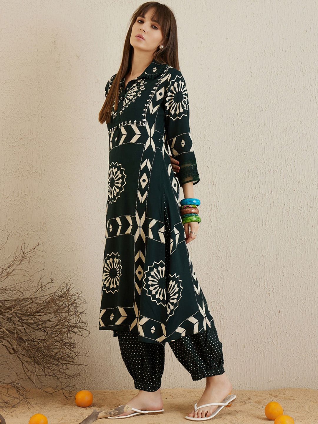 Floral Printed Sequinned Shirt Collar A-Line Kurta with Salwar