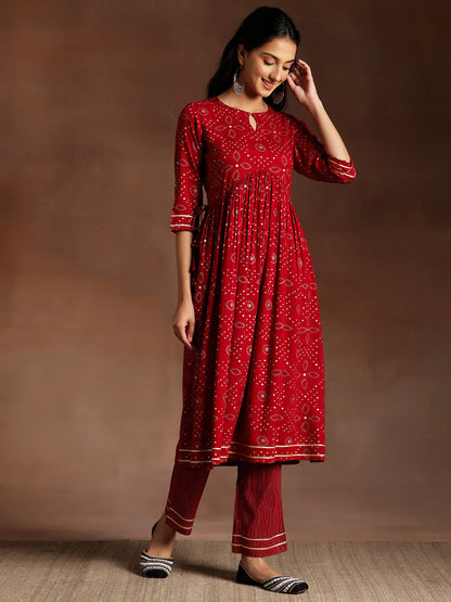 Women Bandhani Printed Pleated Gotta Patti Kurta with Palazzos & With Dupatta