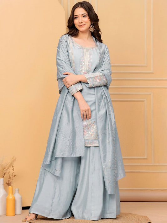 Dhiyona LL Floral Embroidered Panelled Thread Work Kurta with Palazzos & Dupatta