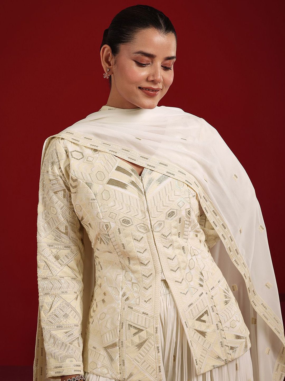 Dhiyona LL Women Ethnic Motifs Embroidered Sequinned Kurti with Palazzos & With Dupatta