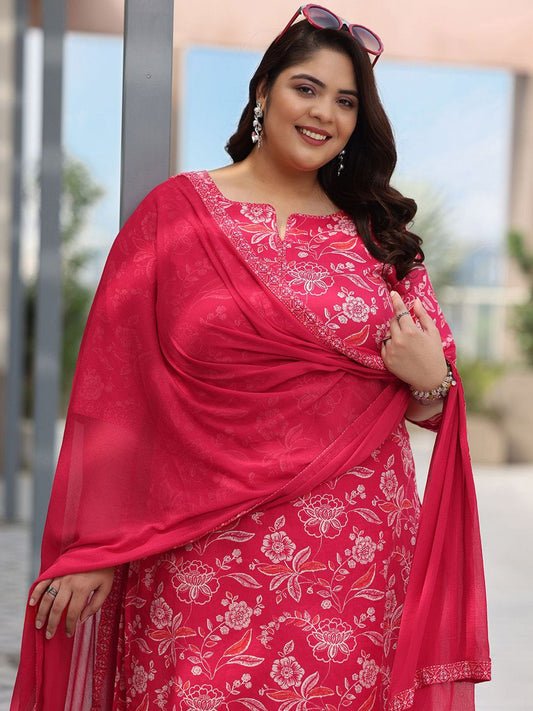 Dhiyona Women's Plus Size Floral Printed Pure Cotton Kurta with Palazzos & Dupatta
