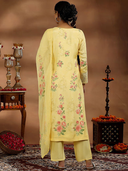 Floral Printed Thread Work Straight Kurta With Trousers & Dupatta