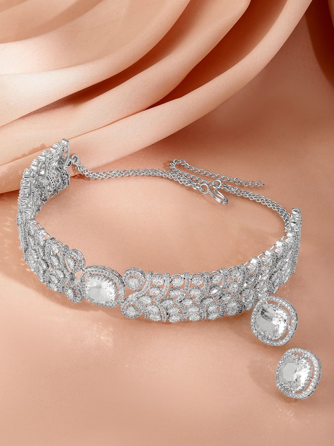 Dhiyona RJ Women's Rhodium-Plated Cubic Zirconia-Studded Choker Jewellery Set