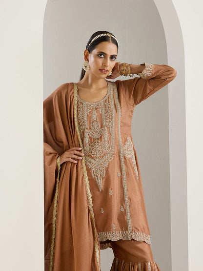 Dhiyona IS Women's Ethnic Motifs Embroidered Regular Thread Work Straight Kurta with Sharara & Dupatta