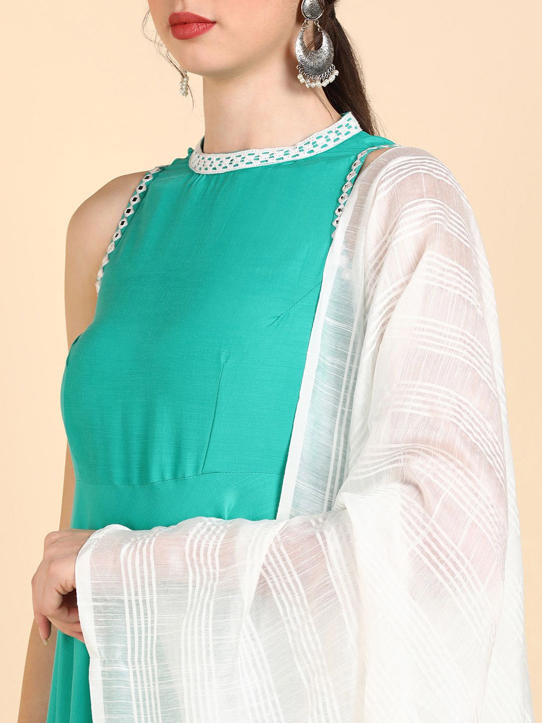Dhiyona KL Women Mirror Work Anarkali Kurta With Trousers & With Dupatta