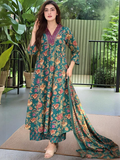 Dhiyona KL Women Green Rayon Blend Printed Anarkali Kurta Set With Dupatta