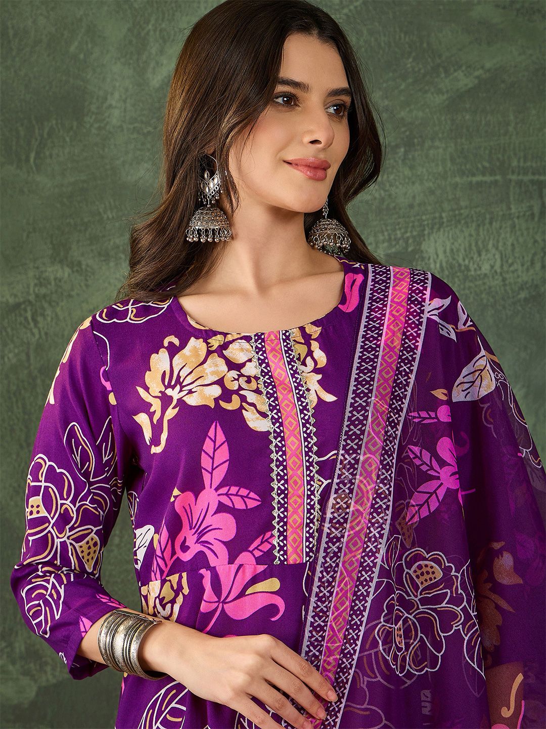 Dhiyona KL Women Printed Flared Kurta with Pant and Dupatta