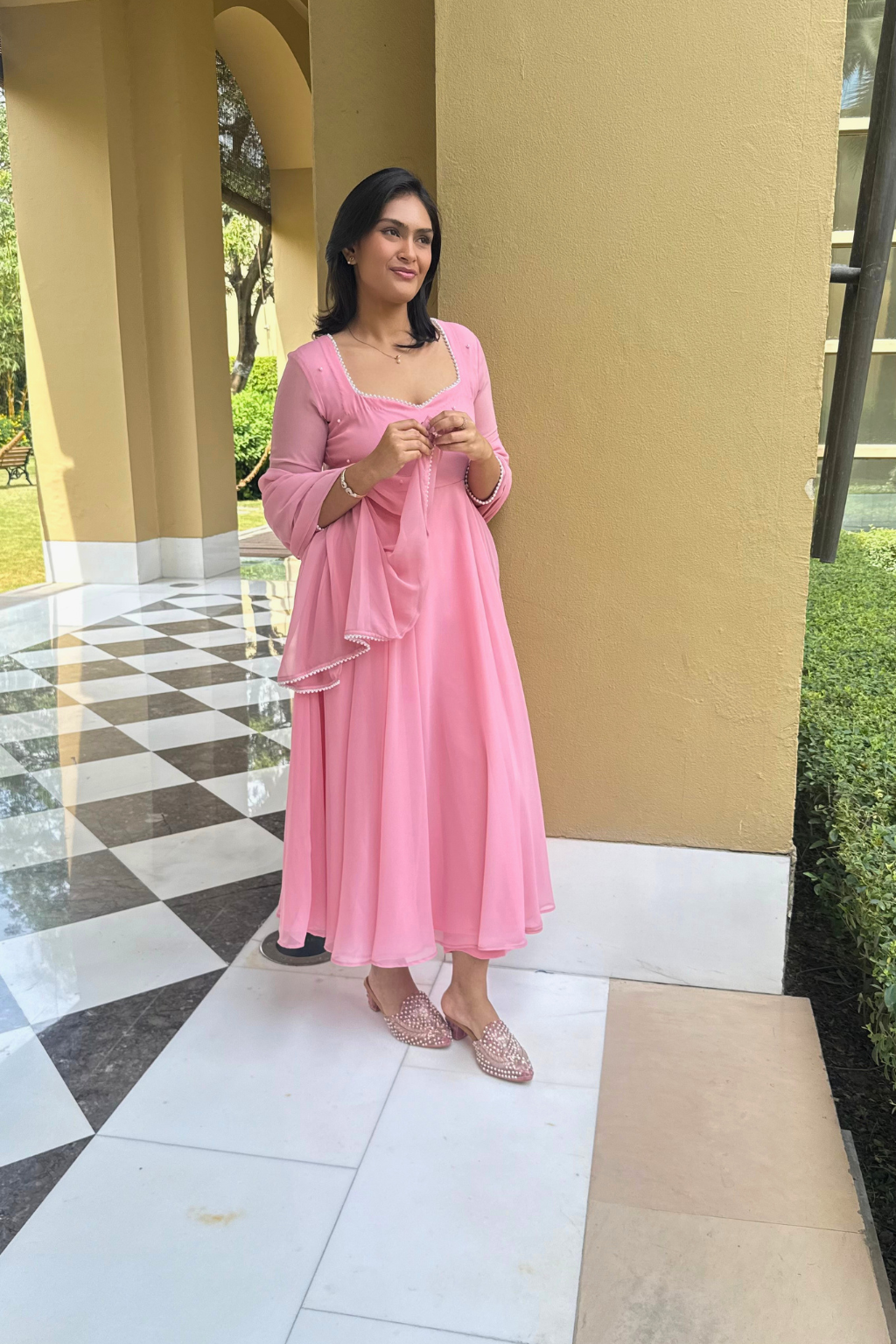 Dhiyona ST 3 pc Suit Set -Light Pink Pearl Edge Georgette 3/4th Sleeve Anarkali with Dupatta and Pants