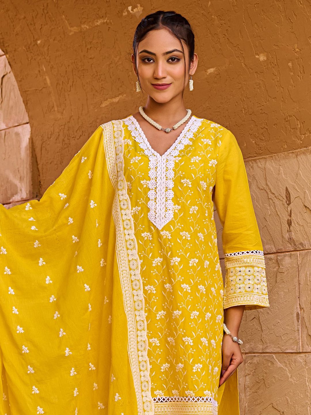 Dhiyona IE Women Ethnic Motifs Embroidered Pure Cotton Kurta with Trouser & Dupatta