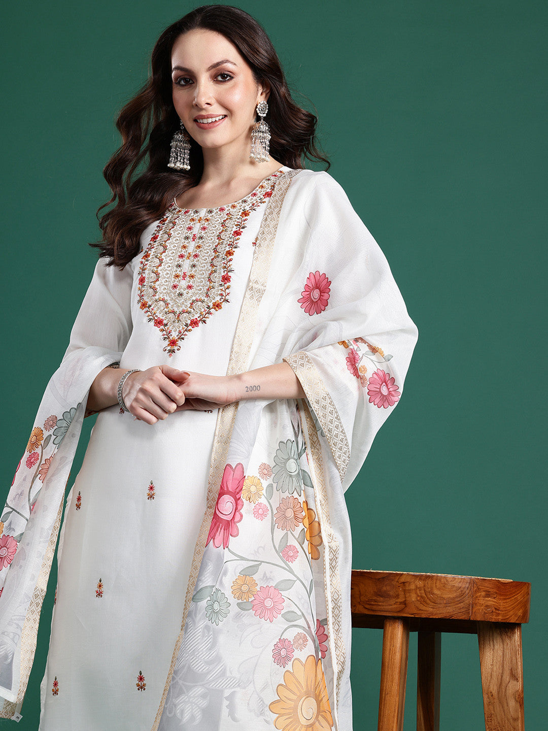 Floral Embroidered Thread Work Kurta With Trousers & Dupatta