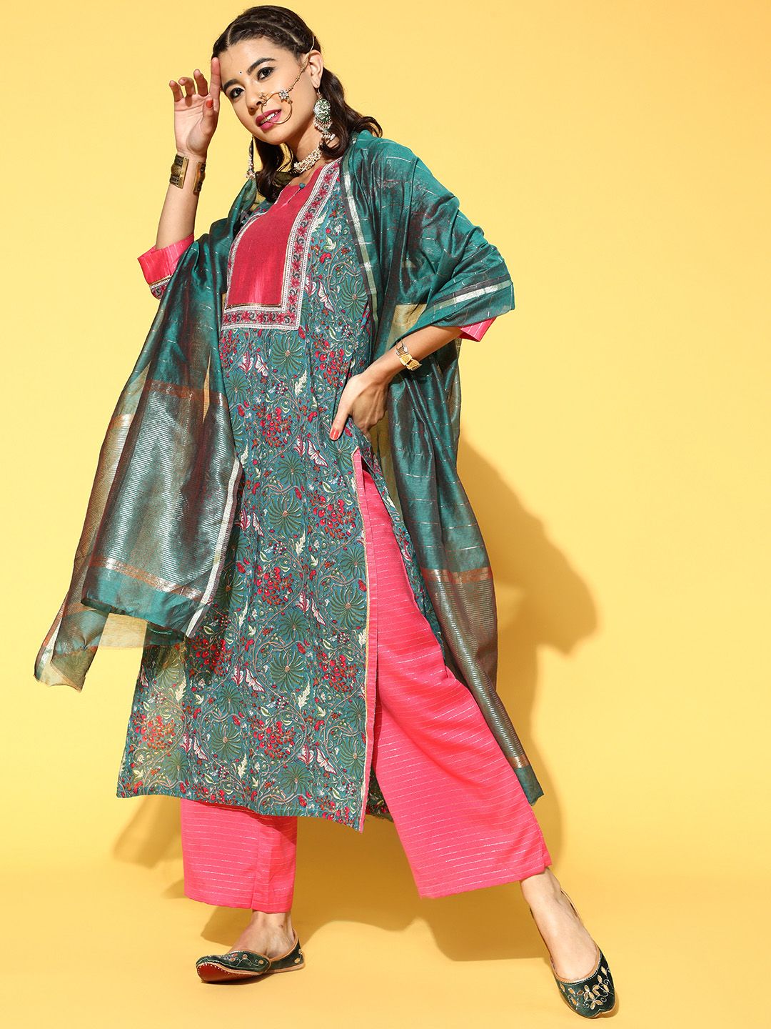 Cotton Blend Romantic Florals Kurta Set