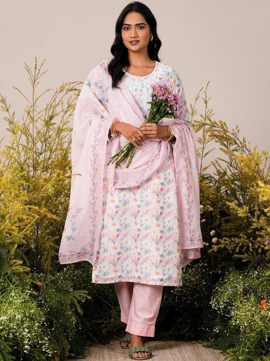 Pink Floral Printed Straight Round Neck Thread Work Linen Kurta Set