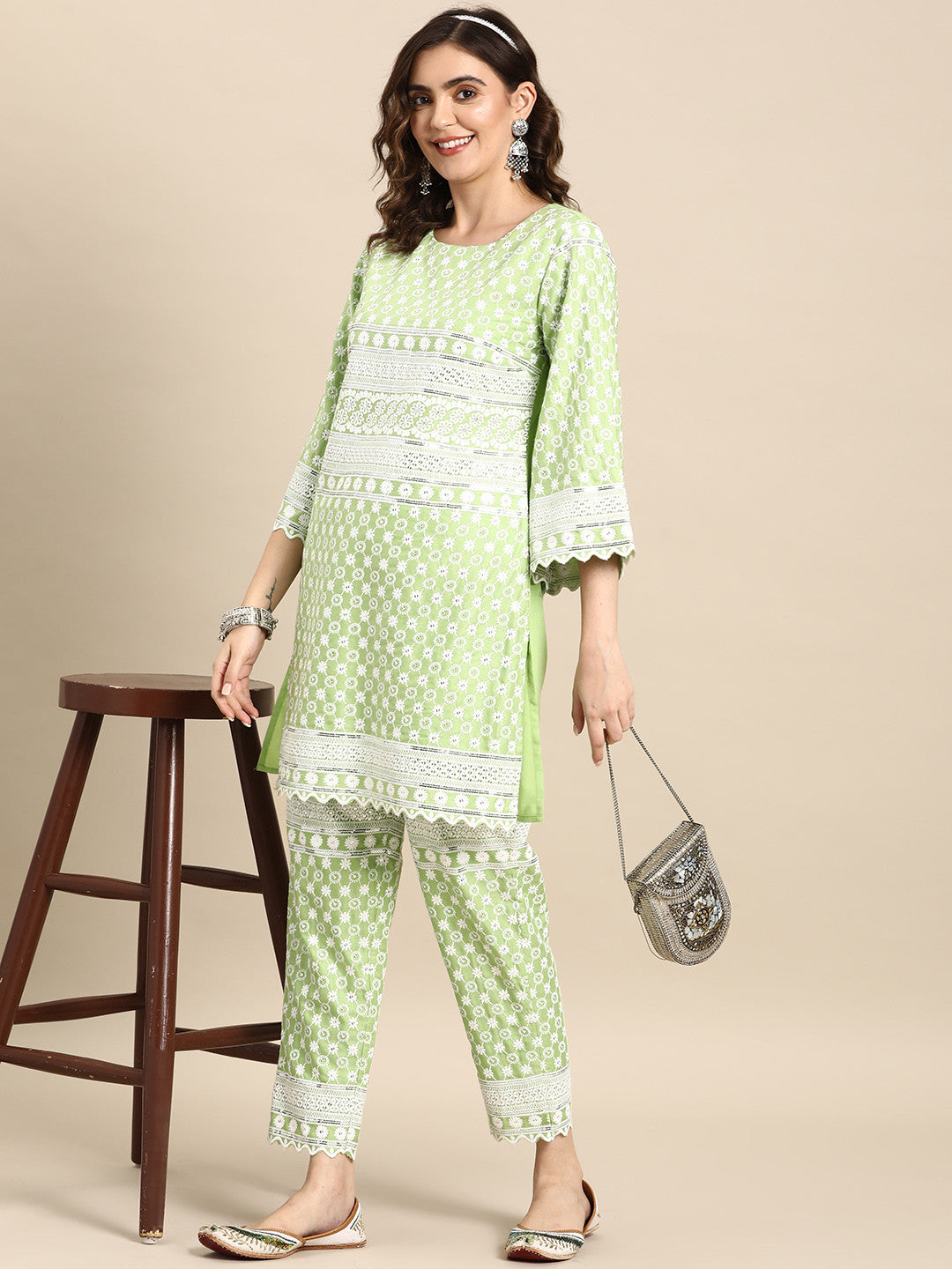 Floral Embroidered Mirror Work Kurta with Trousers