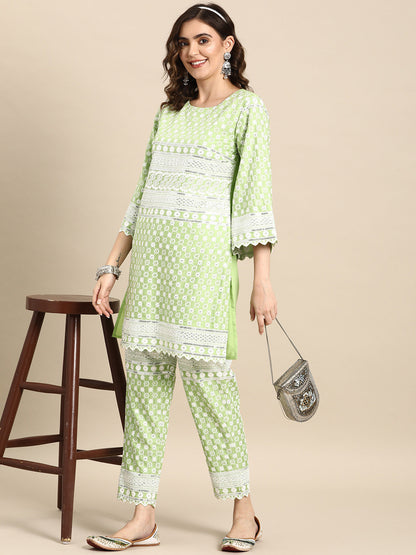 Floral Embroidered Mirror Work Kurta with Trousers