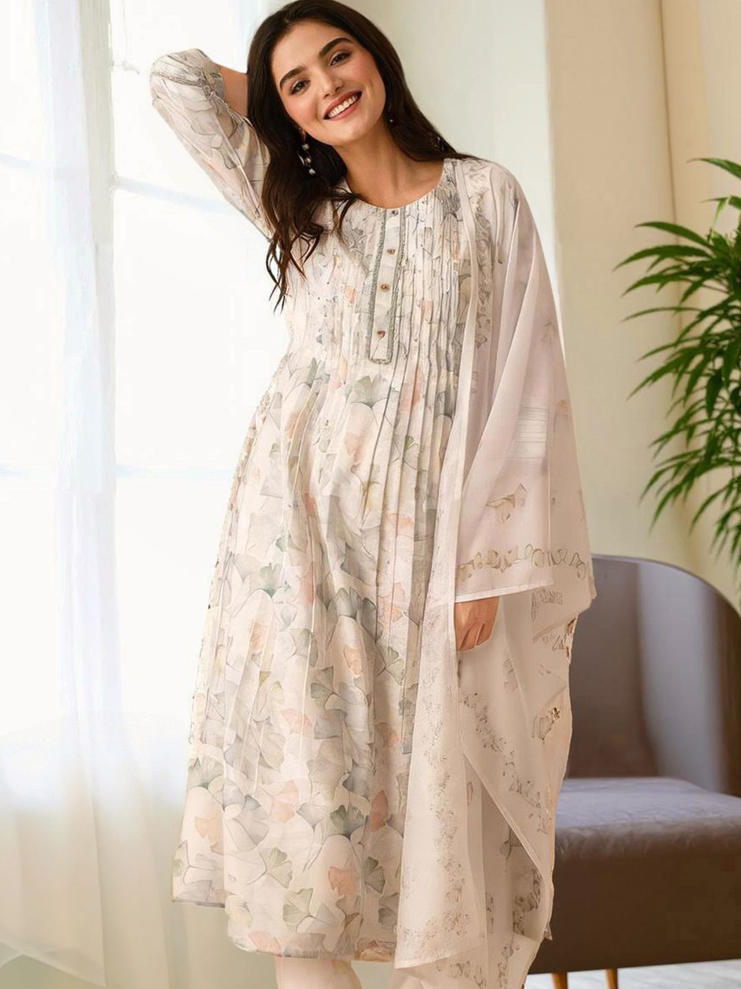 Dhiyona IS Women's White Floral Printed Beads & Stones A-Line Kurta & Trousers With Dupatta