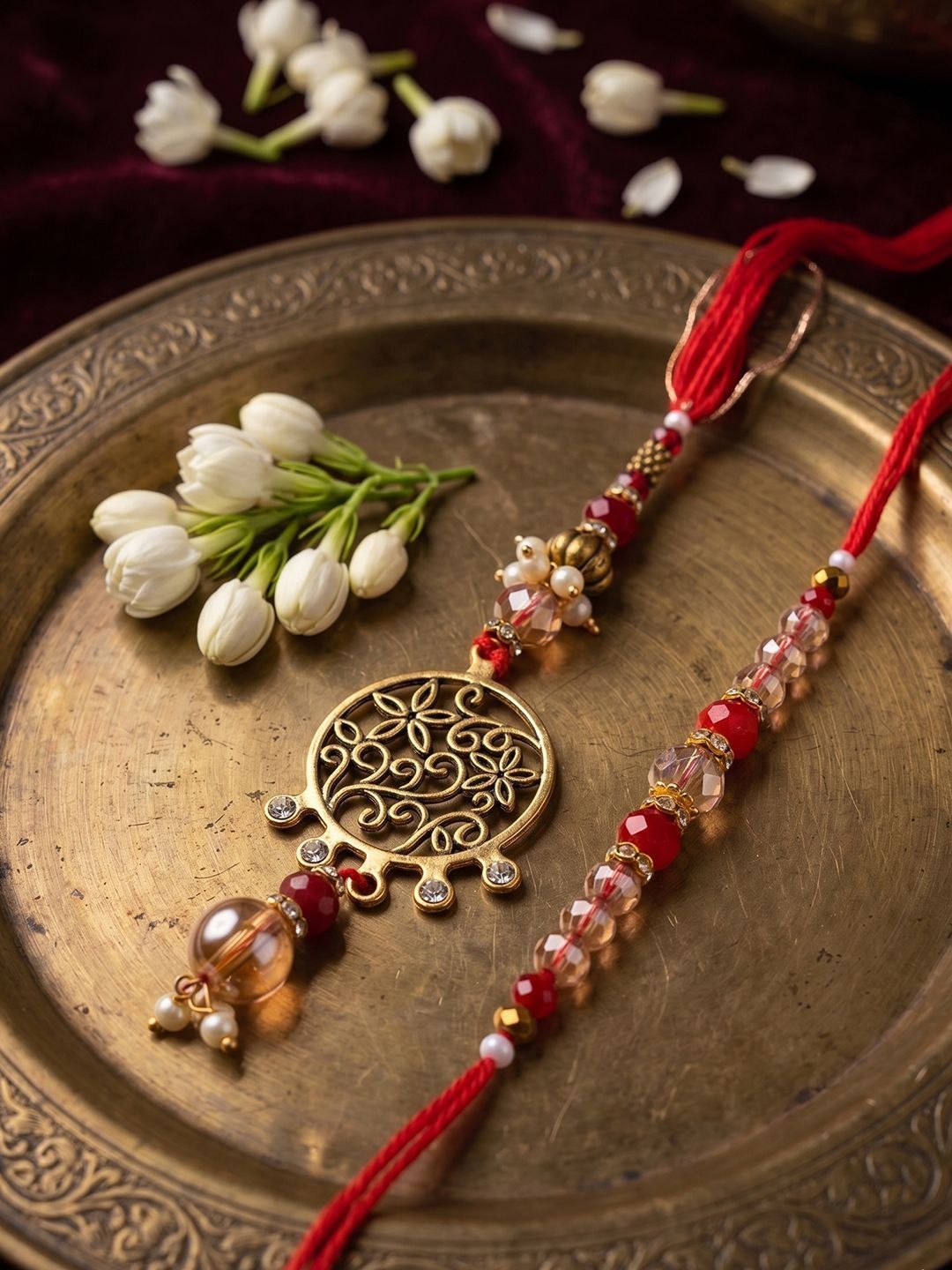 Dhiyona Set Of 2 Gold Toned Artificial Stones & Beads Bhaiya Bhabhi Rakhi With Roli Chawal