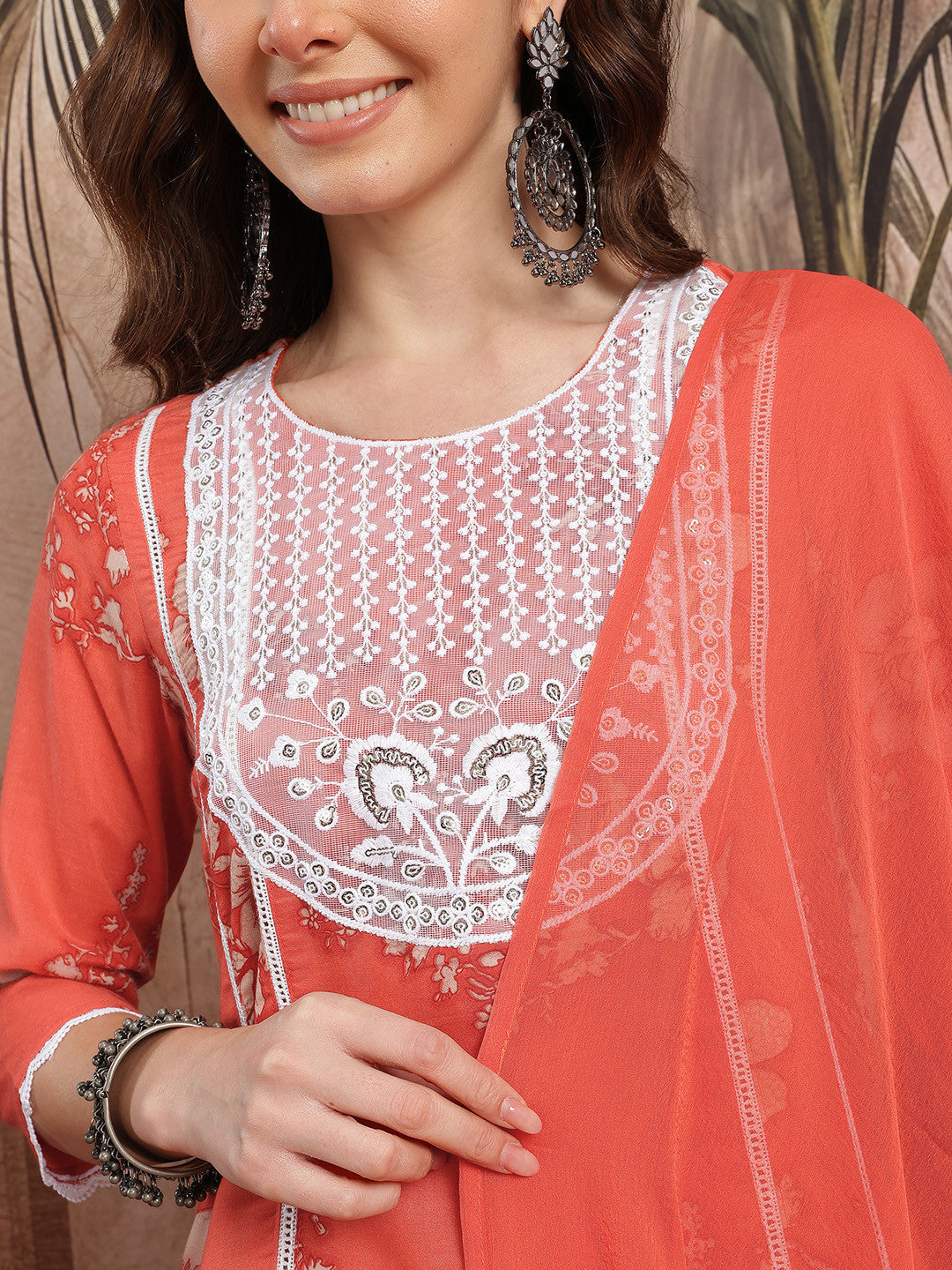 Floral Print Thread Work Kurta with Trouser & Dupatta