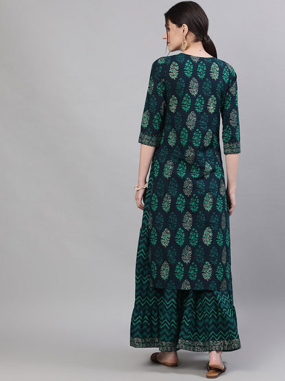 Dhiyona IS Women's Women Navy Blue & Green Printed Kurta with Skirt