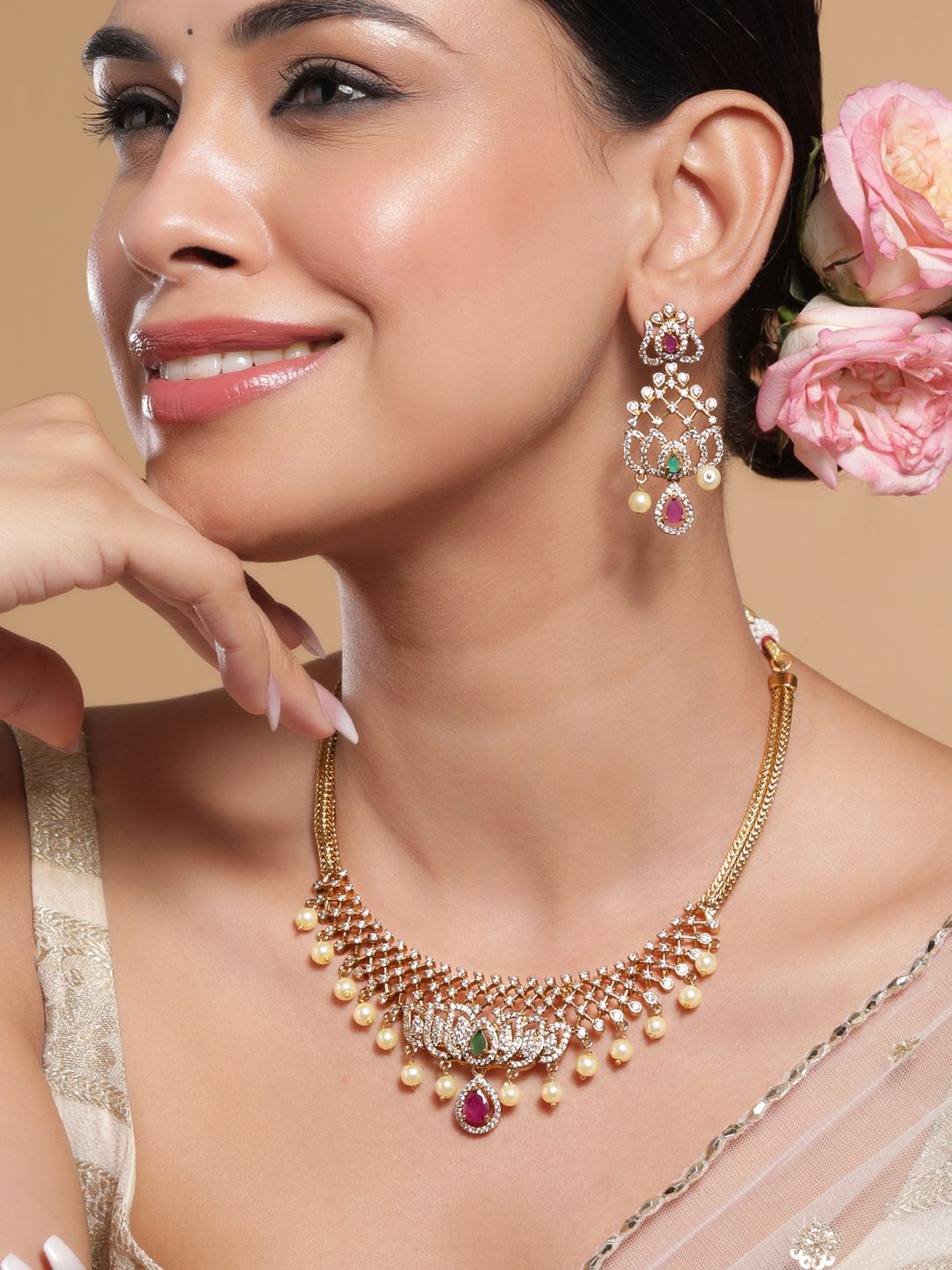 Dhiyona RJ Women's 22KT Gold-Plated Cubic Zicronia Studded & Pearls Beaded Lotus Motif Jewellery Set