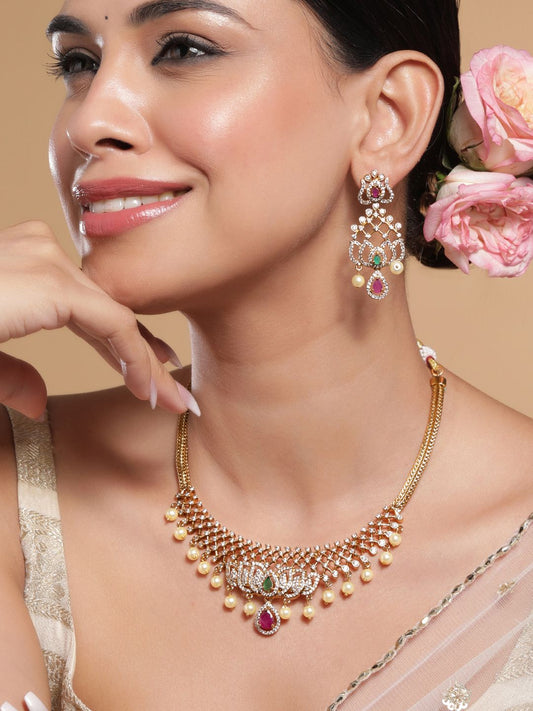 Dhiyona RJ Women's 22KT Gold-Plated Cubic Zicronia Studded & Pearls Beaded Lotus Motif Jewellery Set