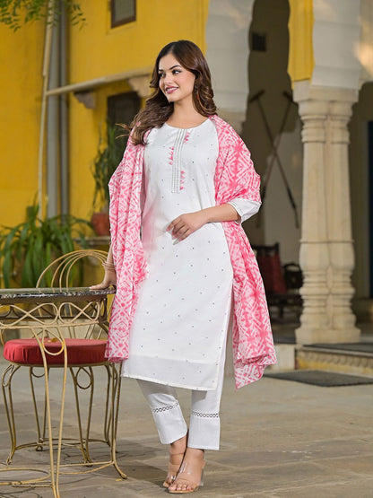 Dhiyona KL Women Floral Embroidered Regular Mirror Work Kurta with Trousers & With Dupatta