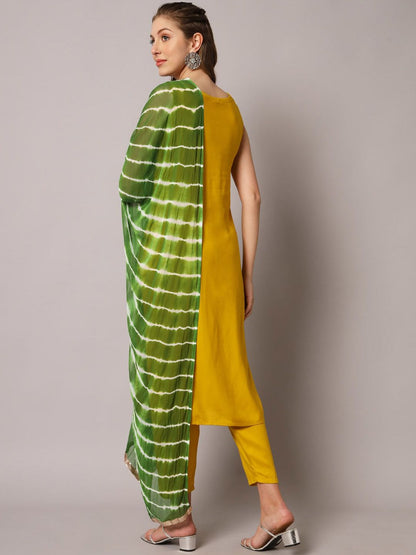 Dhiyona KL Floral Embroidered Mirror Work Straight Kurta with Trousers & Dupatta