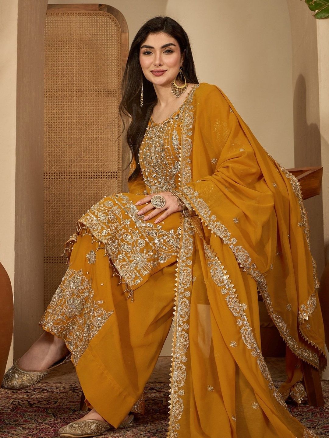 Dhiyona SN Women Ethnic Motifs Embroidered Regular Kurta with Sharara & With Dupatta