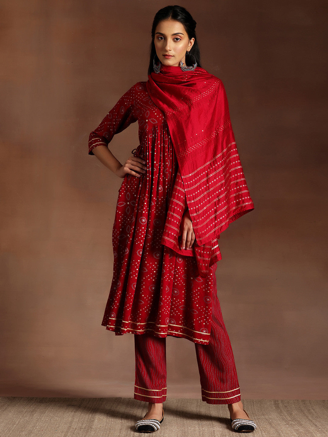 Women Bandhani Printed Pleated Gotta Patti Kurta with Palazzos & With Dupatta