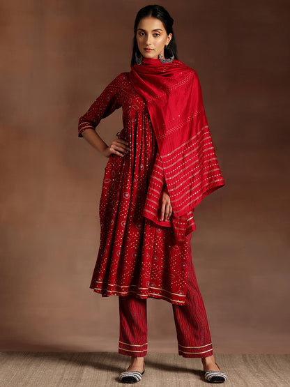 Women Bandhani Printed Pleated Gotta Patti Kurta with Palazzos & With Dupatta