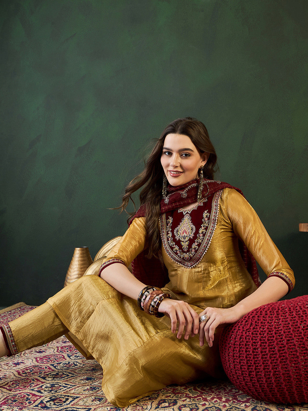 Gold Ethnic Motifs Embroidered Thread Work A-Line Kurta With Trousers And Dupatta