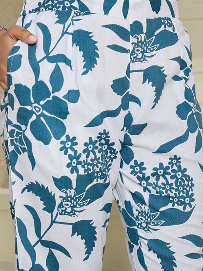 Floral Printed Shirt Collar Kurta With Trousers