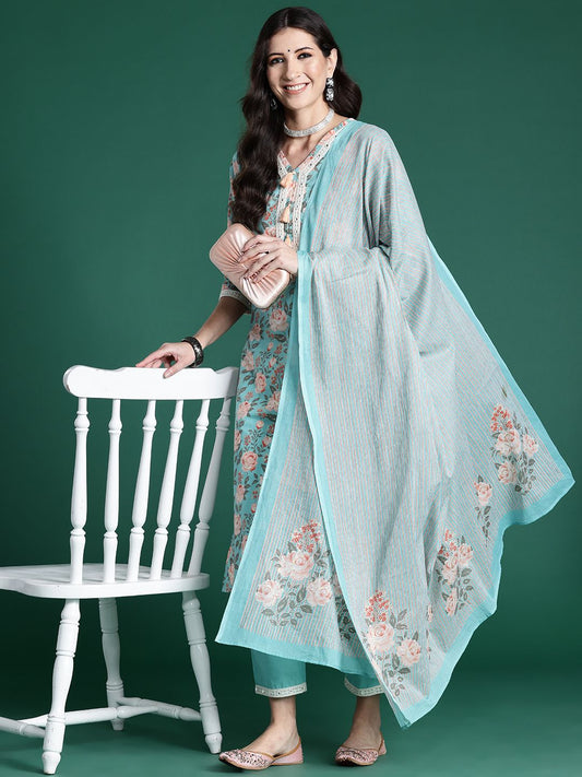 Dhiyona IE Women Floral Printed Regular Mirror Work Pure Cotton Kurta with Trousers & With Dupatta