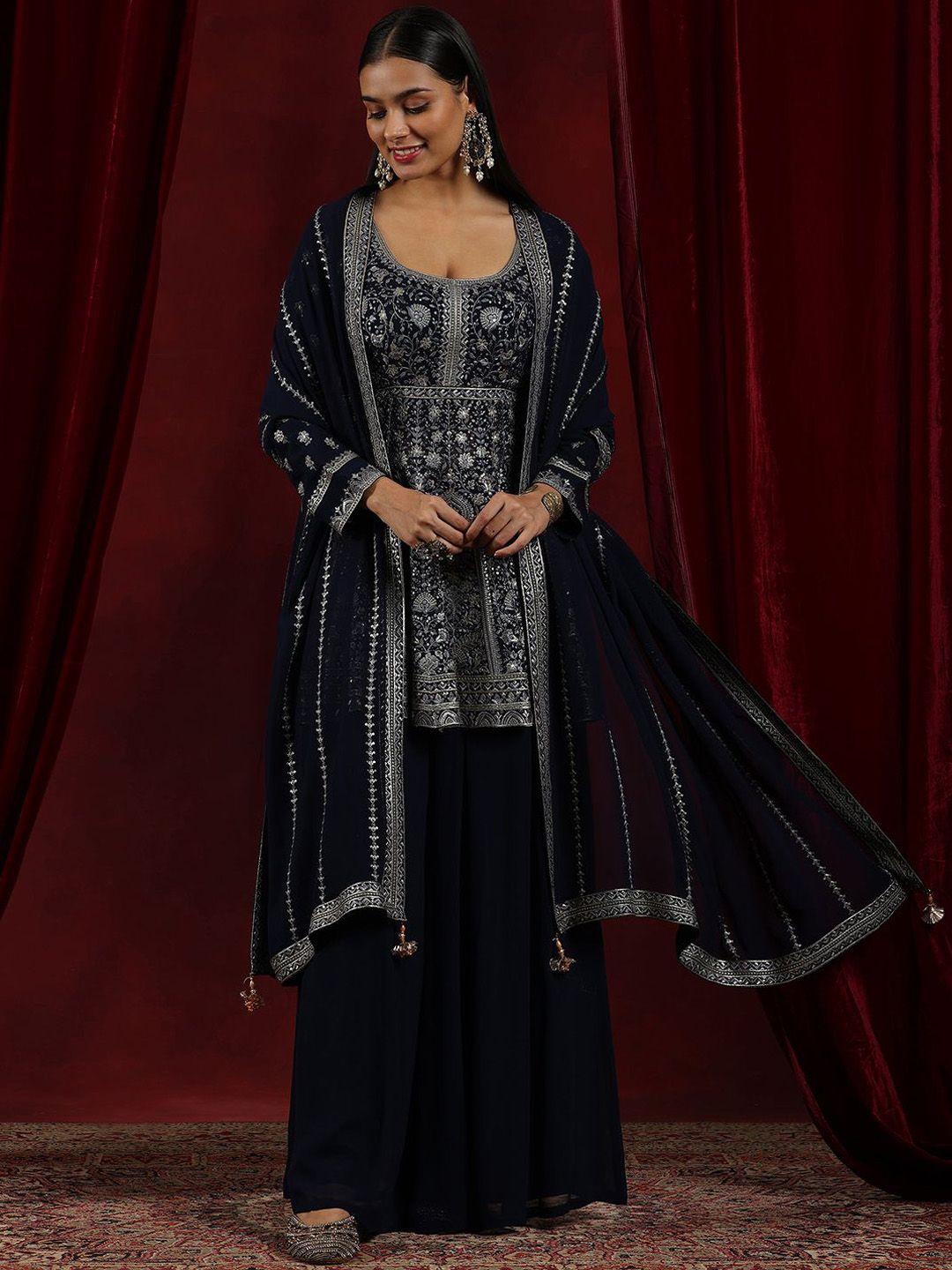 Dhiyona LL Womens Blue Embroidered Georgette Anarkali Kurta With Palazzos & Dupatta