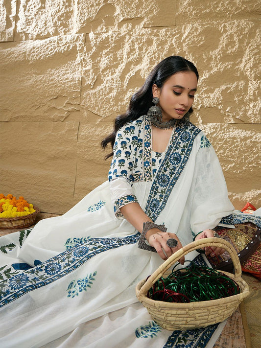 Women Printed Empire Pure Cotton Kurta with Trousers & With Dupatta