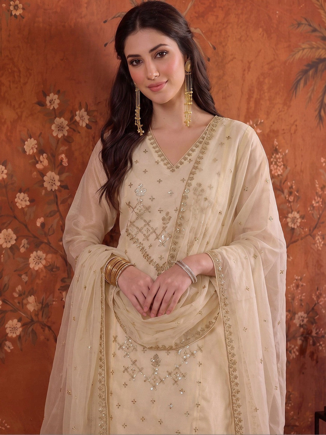 Embroidered V-Neck Kurta & Trousers With Dupatta