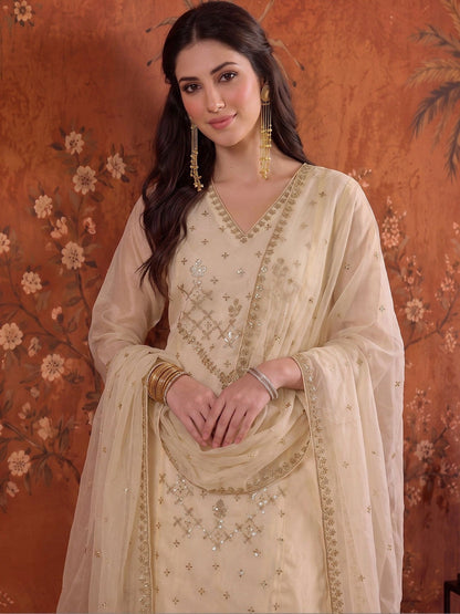 Embroidered V-Neck Kurta & Trousers With Dupatta