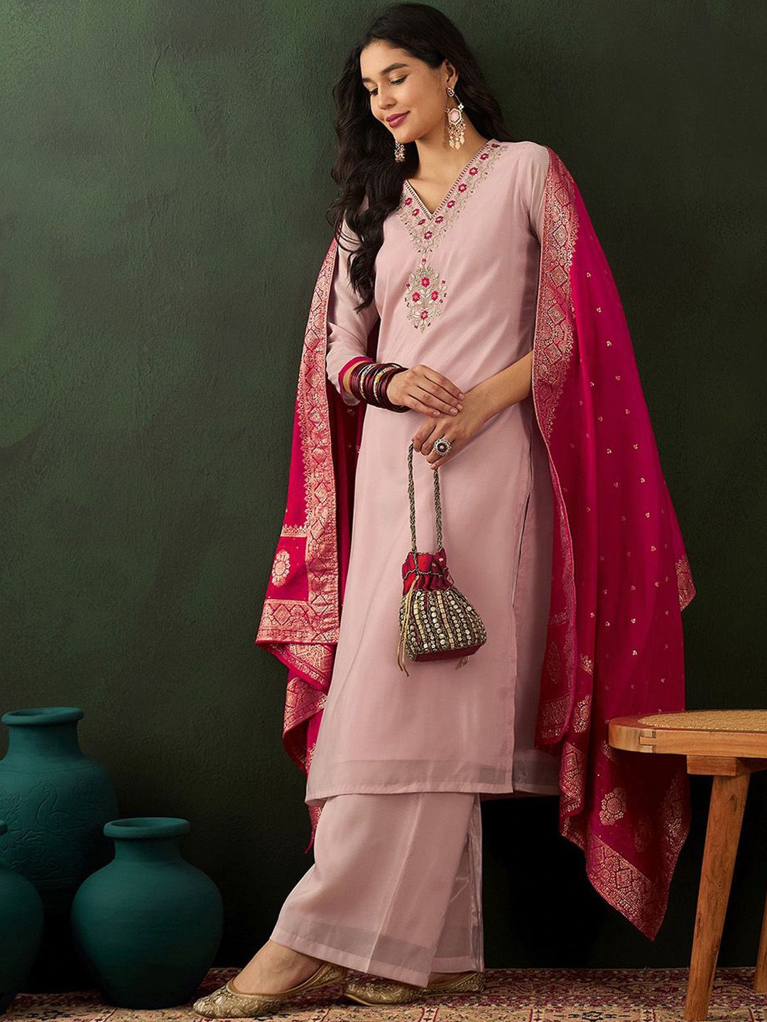 Dhiyona SN Peach Floral Embroidered V-Neck Straight Kurta With Palazzo & Dupatta