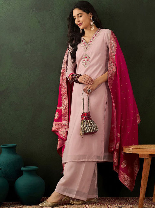 Dhiyona SN Peach Floral Embroidered V-Neck Straight Kurta With Palazzo & Dupatta
