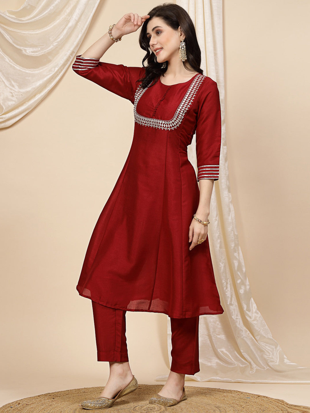 Maroon Mirror Work Embroidered Anarkali Kurta With Trouser & Dupatta